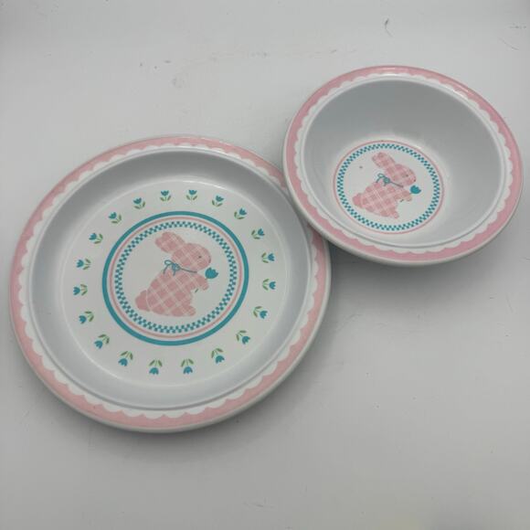 Hallmark Bunny Kids Plate Bowl Set Pink Blue Tulip Spring Easter 80s Vintage - Picture 1 of 9